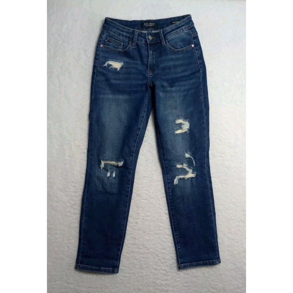 Judy Blue Boyfriend Fit Jeans Womens Size 1/25 Blue Dark Wash Distressed